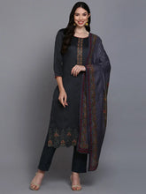 Cotton Grey Embroidered Straight Kurta Pant With-VKSKD1940